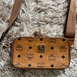 MCM Tan Crossbody Bag with Logo Pattern